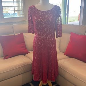 Adrianna Papell Lace Sheath Dress, Red/Beige Sz 14